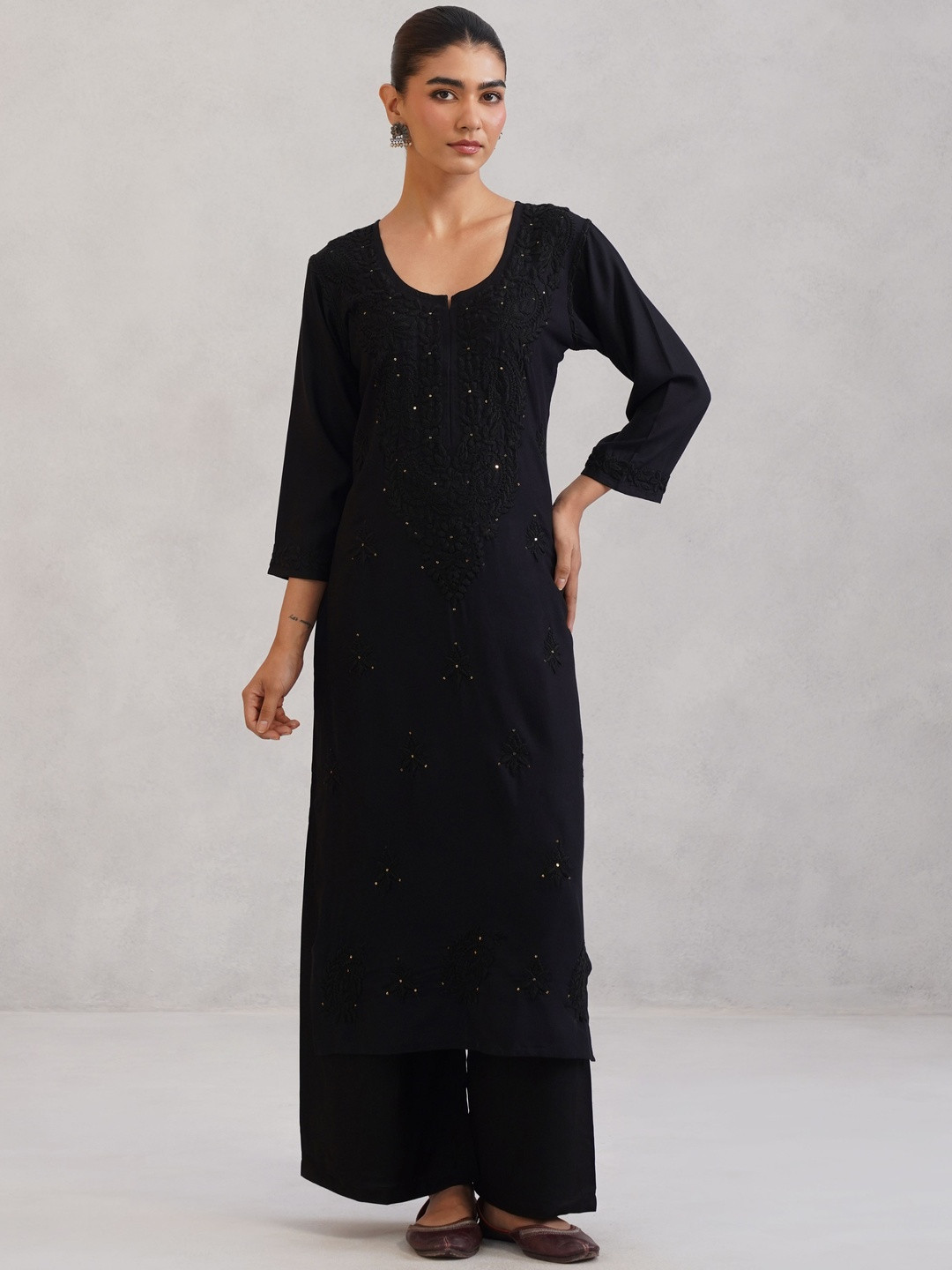 colorkosh Women Floral Black Embellished Sequinned Sleeveless Kurta