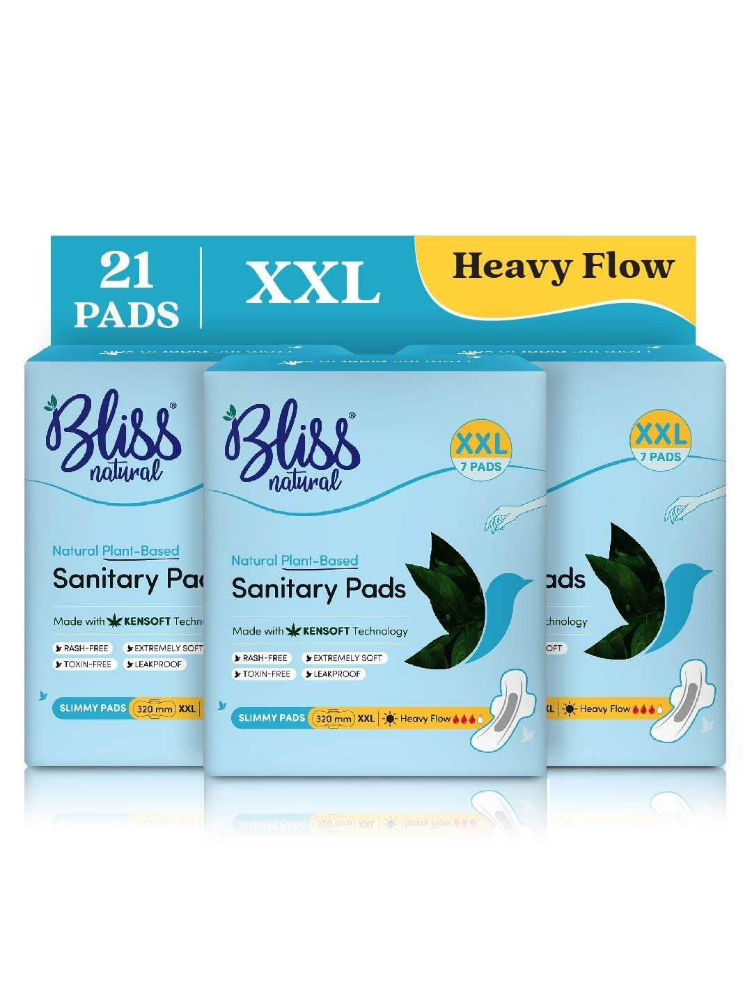 BLISSNATURAL Set Of 3 Ultra Thin XXL Plant Based Sanitary Pads For Heavy Flow - 7Pcs Each