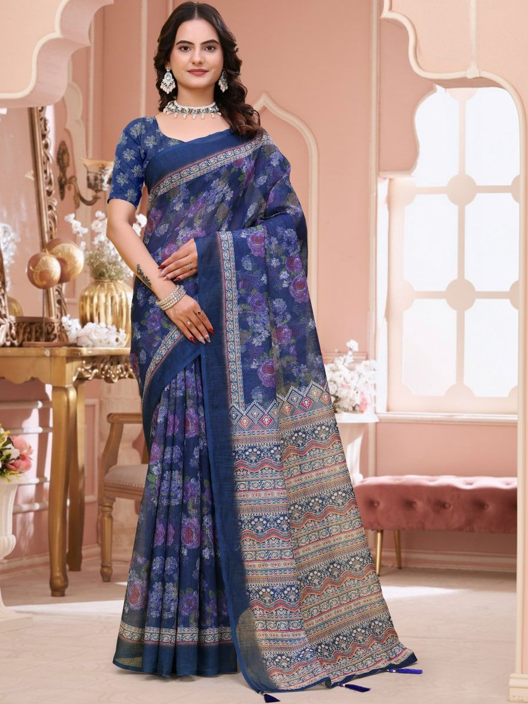 DHANLAXMI SAREES Floral Pure Linen Fusion Kota Saree