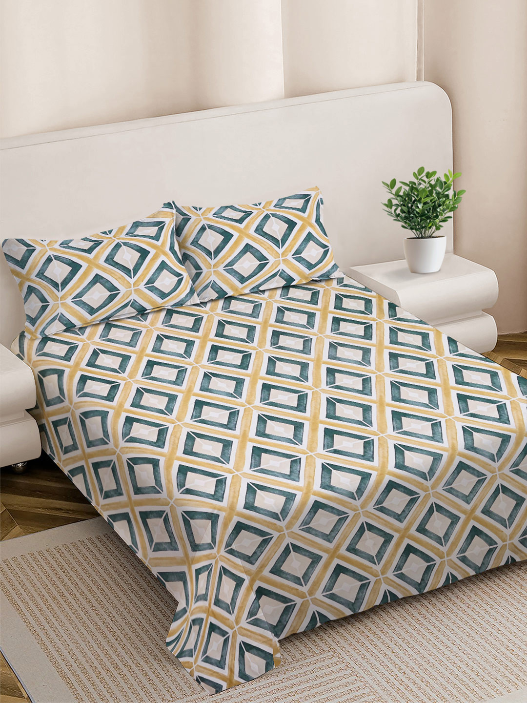 FABINALIV Multicoloured Geometric Bedsheet with 2 Pillow Covers