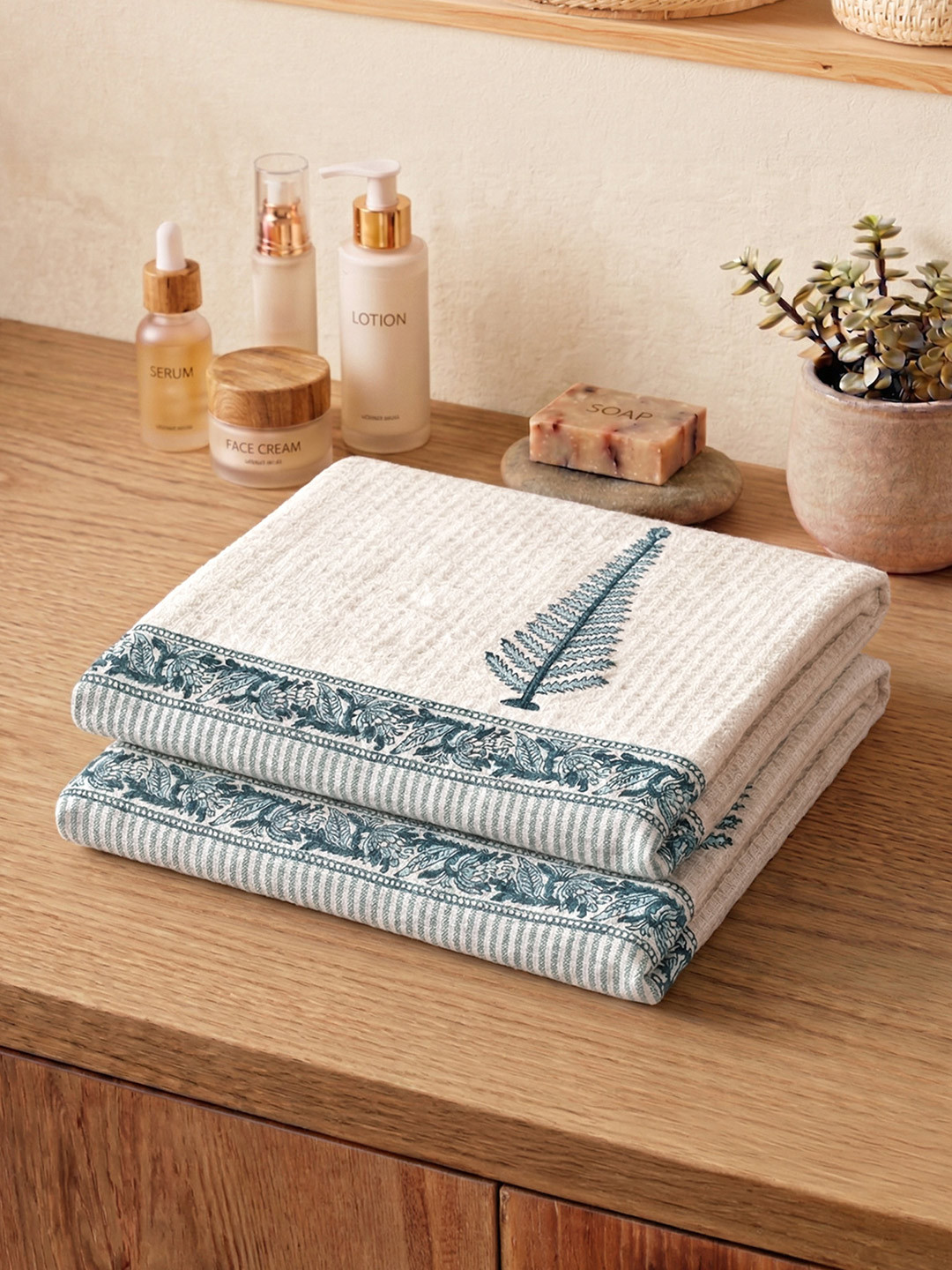 Peepul Tree Set of 2 Block Printed Cotton 300 GSM Hand Towels