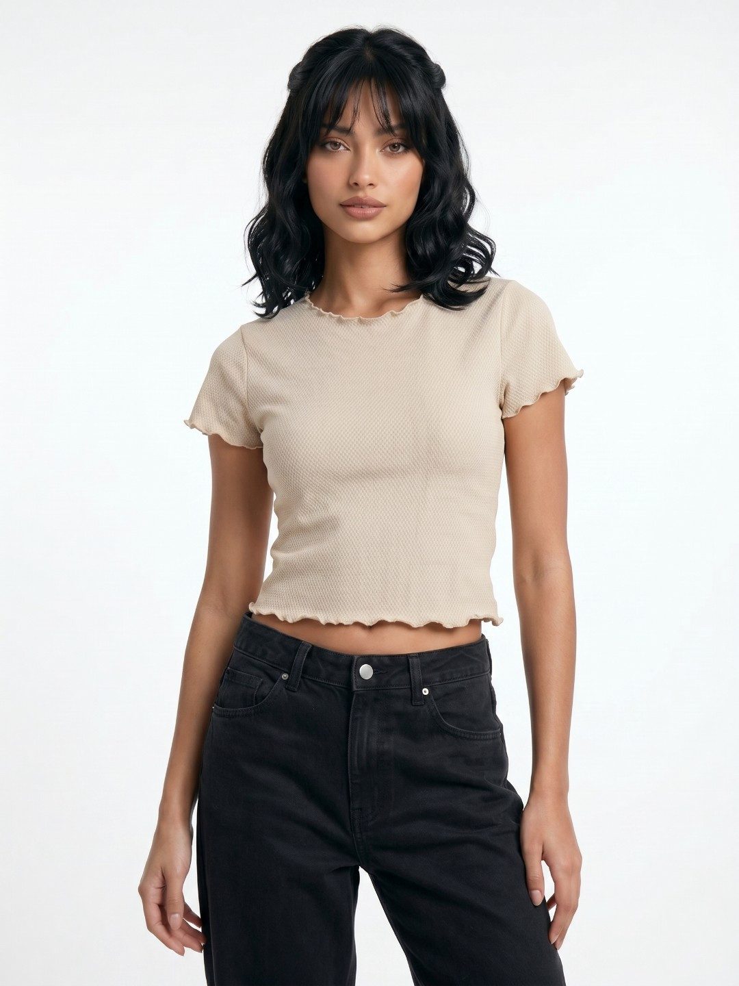 Beige Crop Top with Round Neck