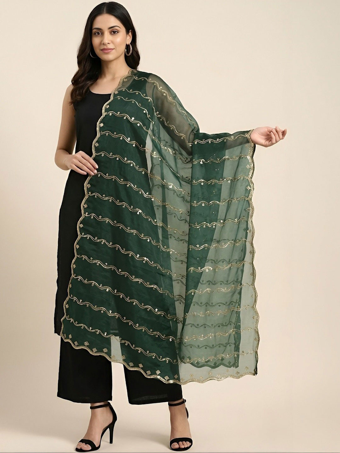 MUFFLY Embroidered Leheriya Dupatta with Sequinned