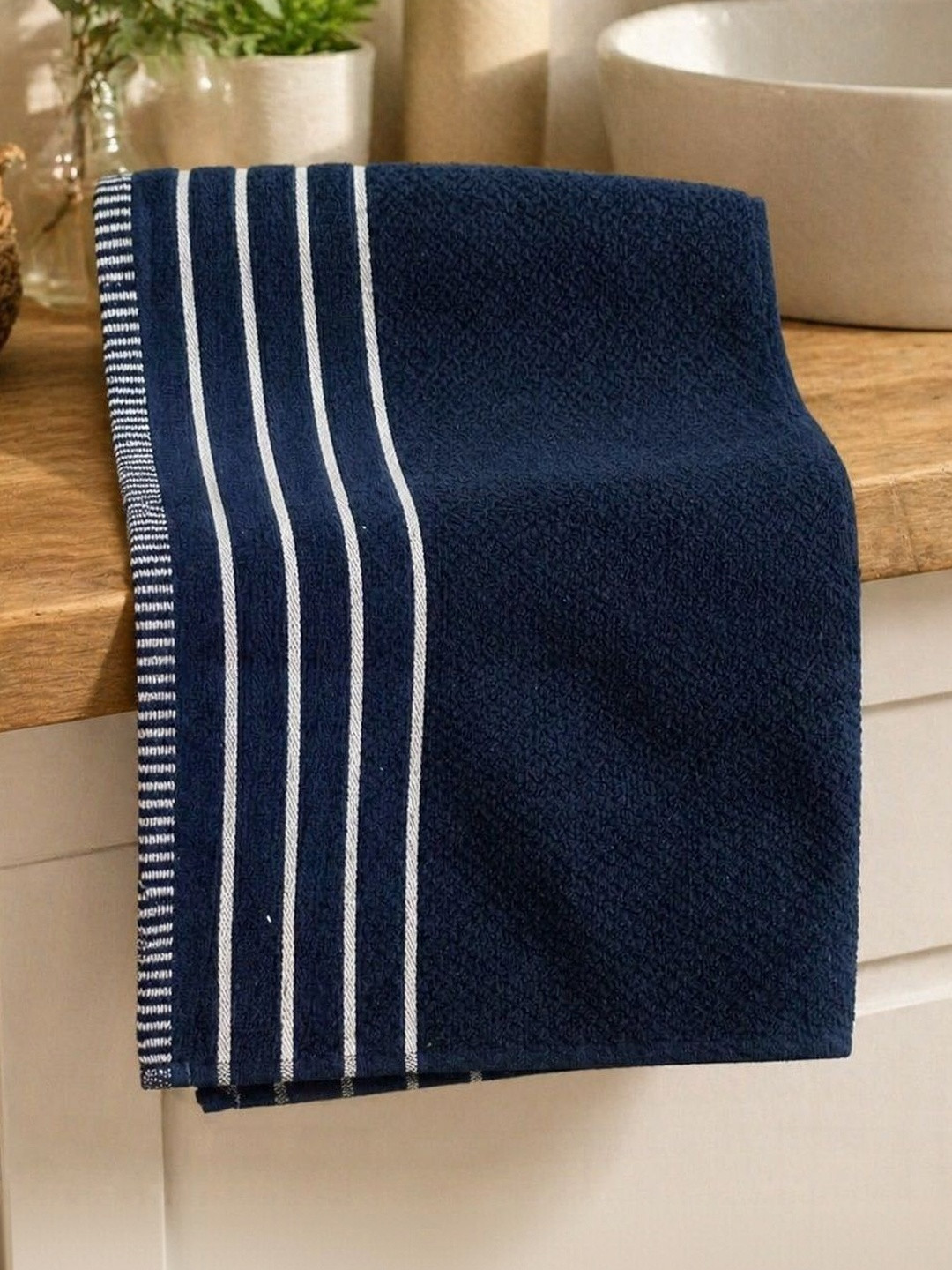 Satisfyn Navy Blue & Navy Blue 1 Striped Cotton 450 GSM Bath Towel