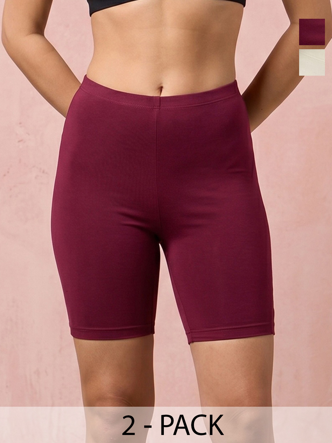 EMI Women Pack of 2 High Rise Half White & French Wine Cycling Shorts