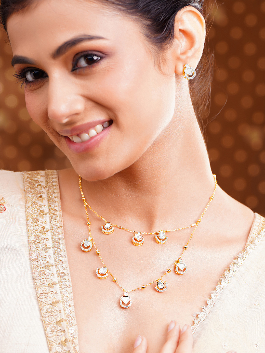 Rubans Women 22K Gold Plated Cubic Zirconia Layered Drop Charm Necklace Set