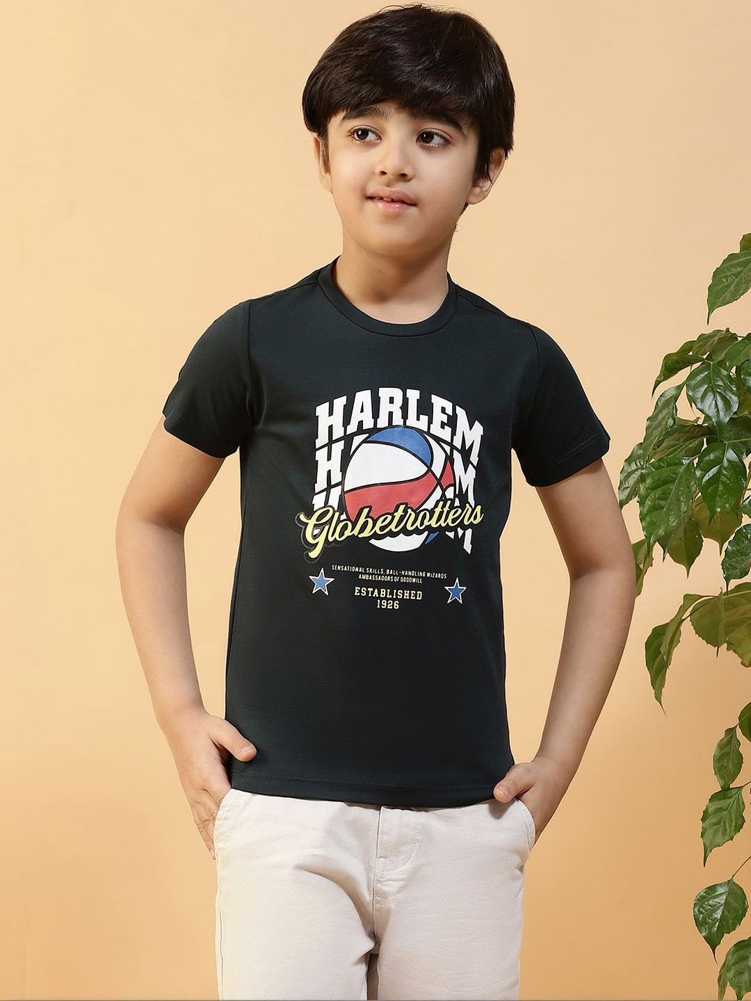 KIZA Boys Black Sports Graphic Printed Pure Cotton Round Neck T-shirt
