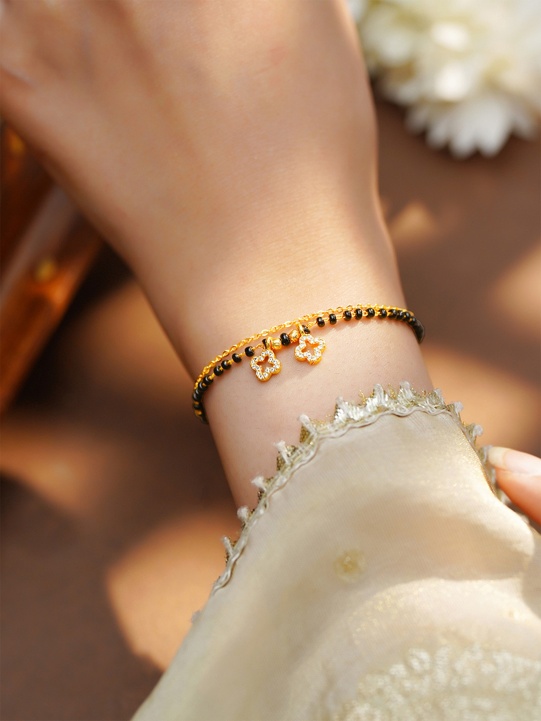 Rubans Women 18K Gold Plated Crystal Clover Charm Black Beaded Mangalsutra Bracelet