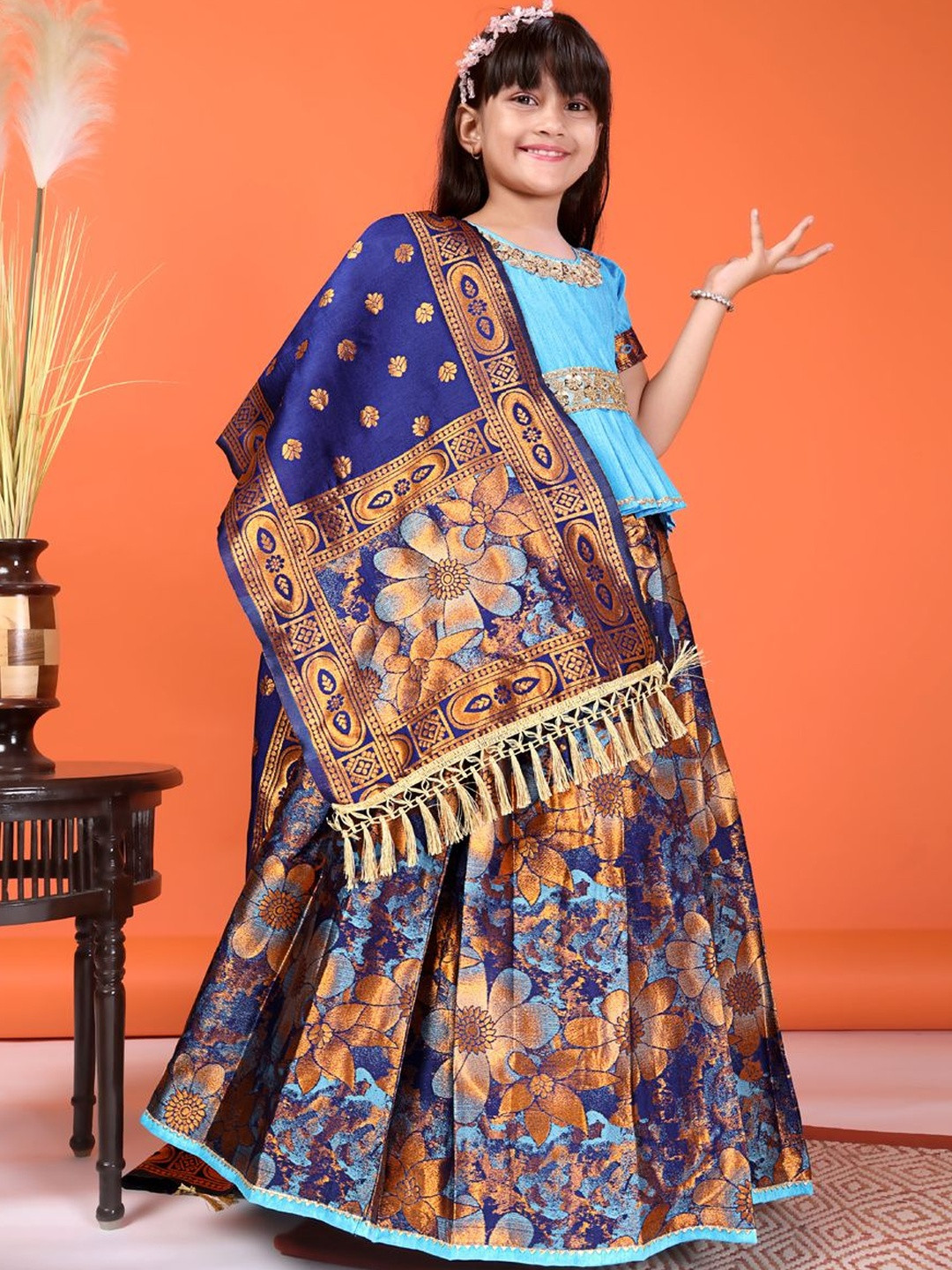 KALINI Girls Embellished Sequinned Semi-Stitched Lehenga & Blouse With Dupatta