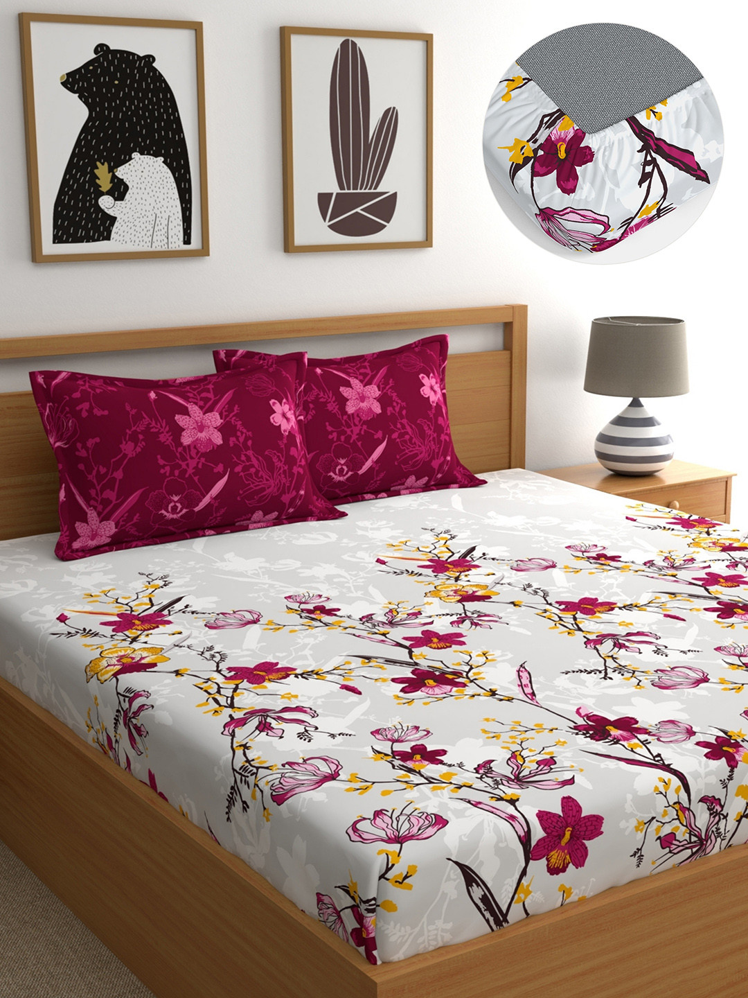 Dreamscape Pink Floral Cotton 140 TC King Fitted Bedsheet with 2 Pillow Covers-72x78inches