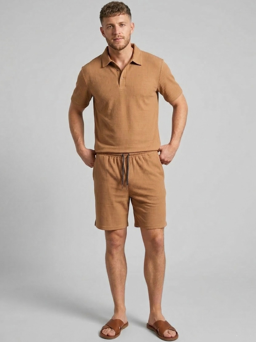 Amoldo Knitted Self Design T-shirt with Shorts