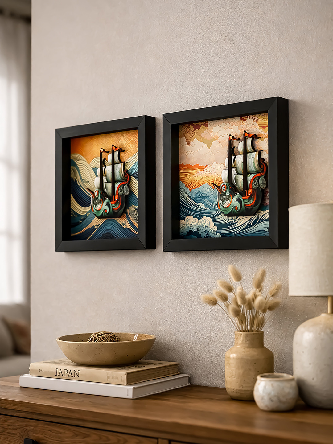 RANDOM Set of 2 Synthetic Wood 3D Rectangular Framed Wall Art