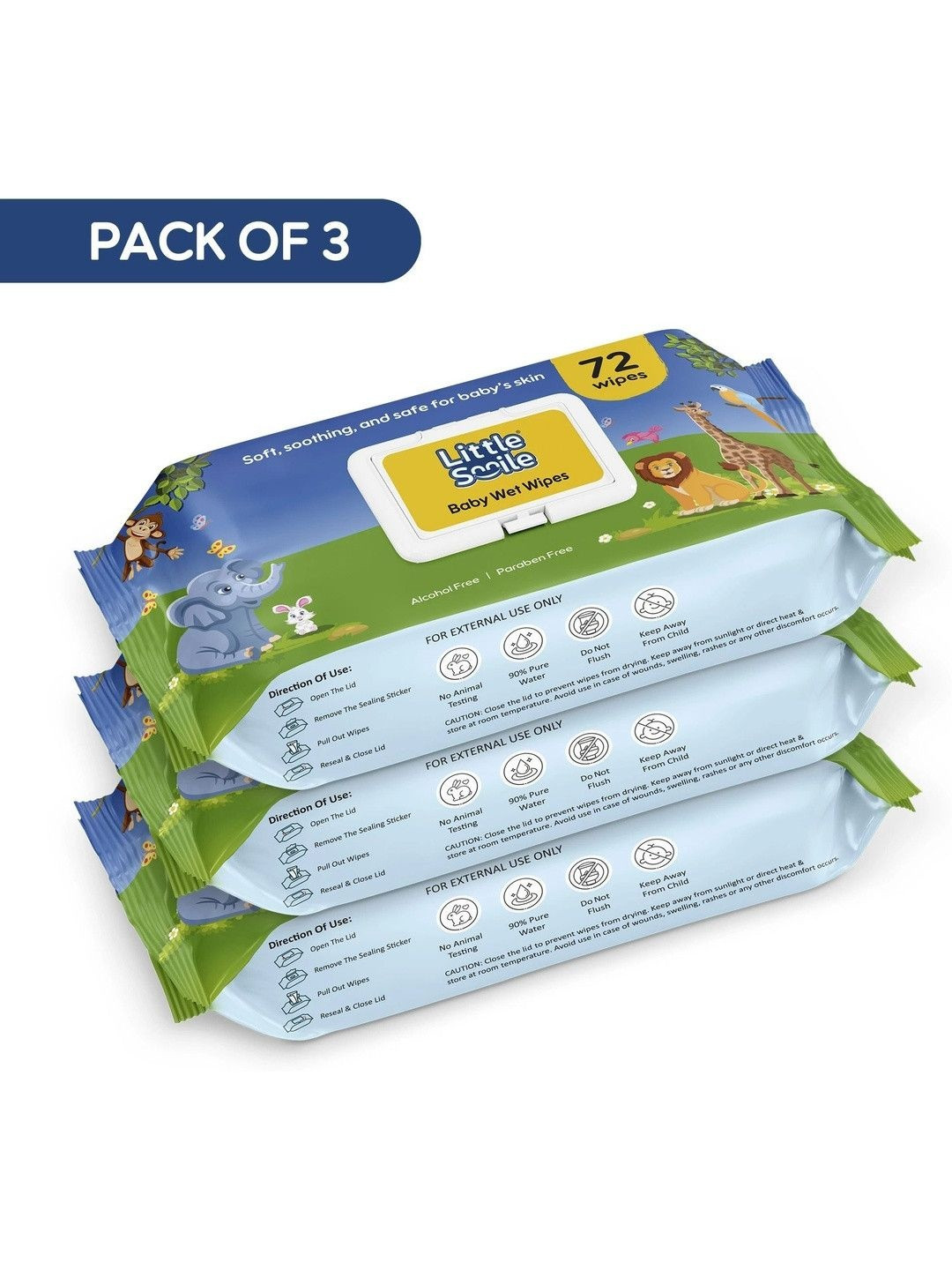 Little Smile Set Of 3 Baby Wet Wipes - 72 Pcs Each