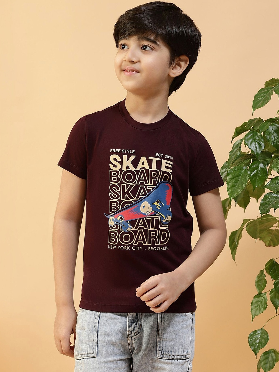 KIZA Boys Red Typography Printed Pure Cotton Round Neck T-shirt