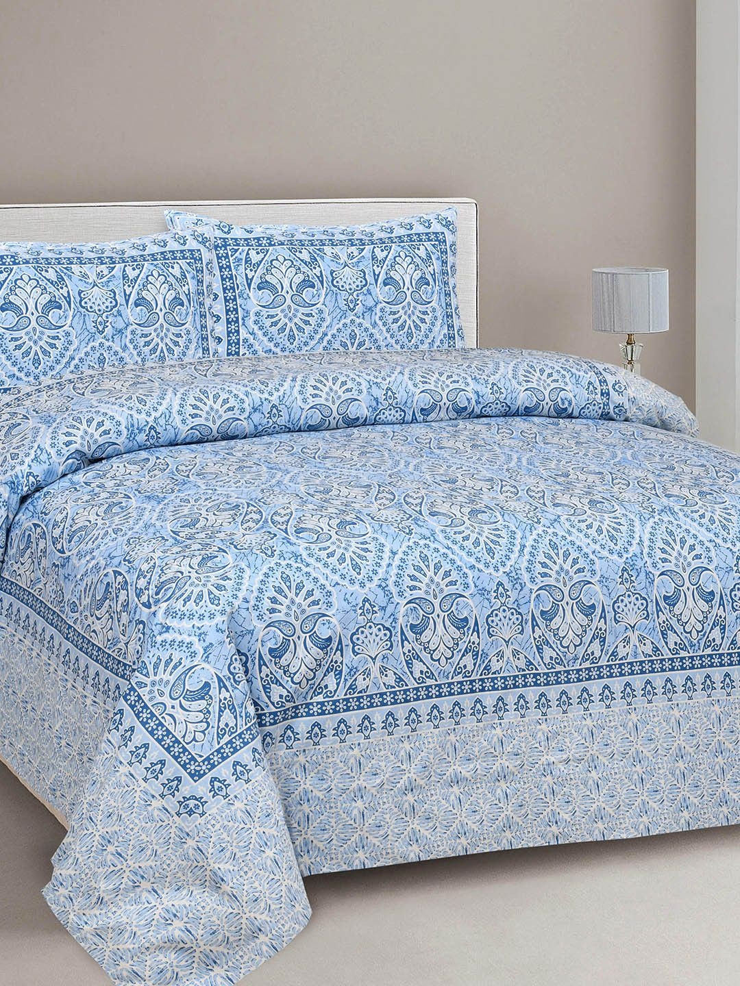 CLOTHOLOGY Azure Blue Floral Damask The Heritage Bagh Collection 180 TC Cotton King Bedsheet with 2 Pillow Cover