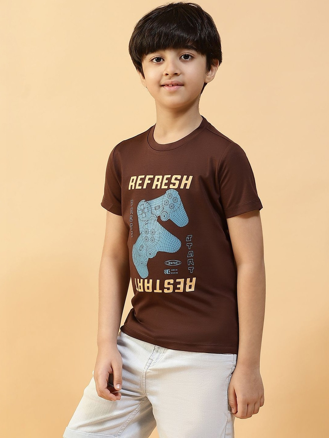 KIZA Boys Coffee Brown Typography Printed Pure Cotton Round Neck T-shirt