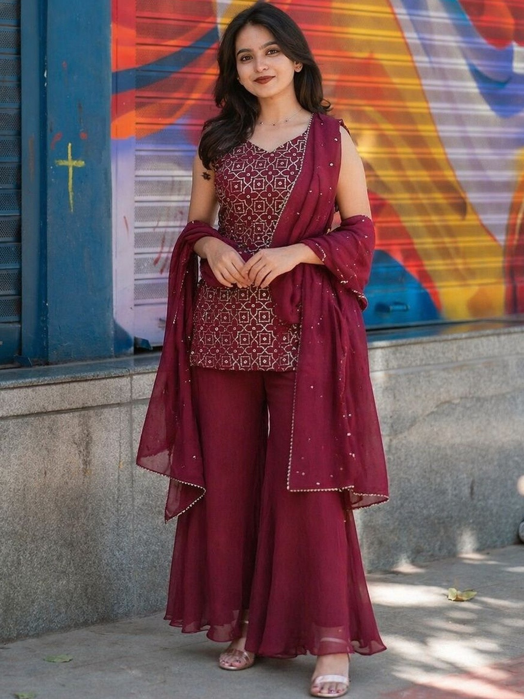 AKSHARAM Women Ethnic Motifs Embroidered Regular Sequinned Silk Georgette Kurta with Sharara & With Dupatta