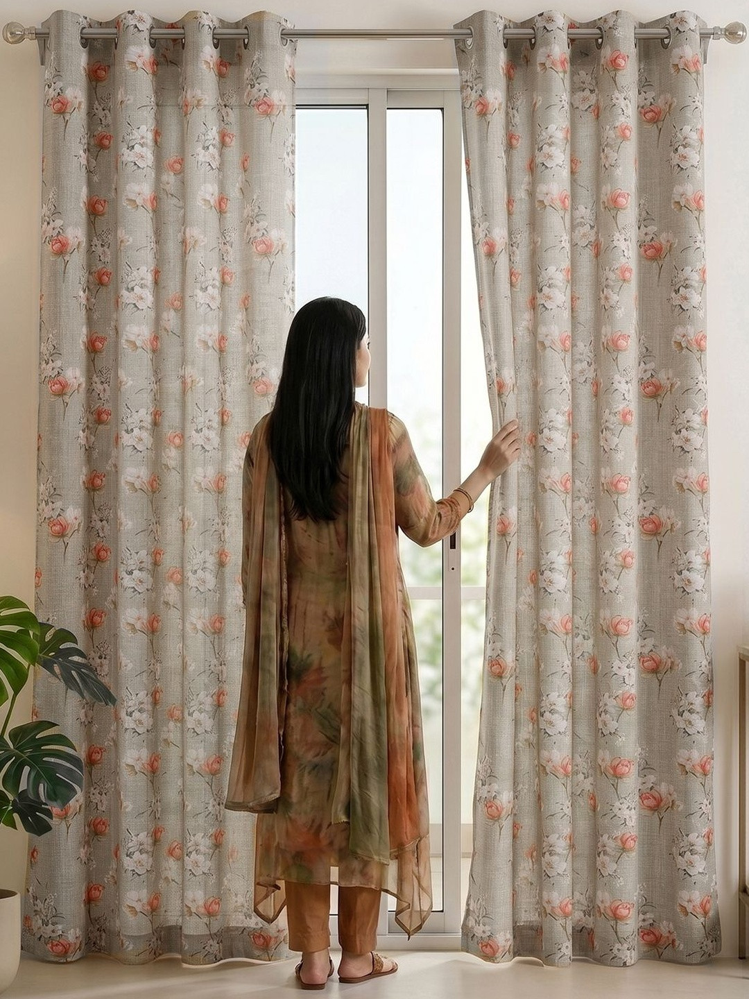 Story@home Aurum Beige & Red 2 Pieces Floral Sheer Door Curtains