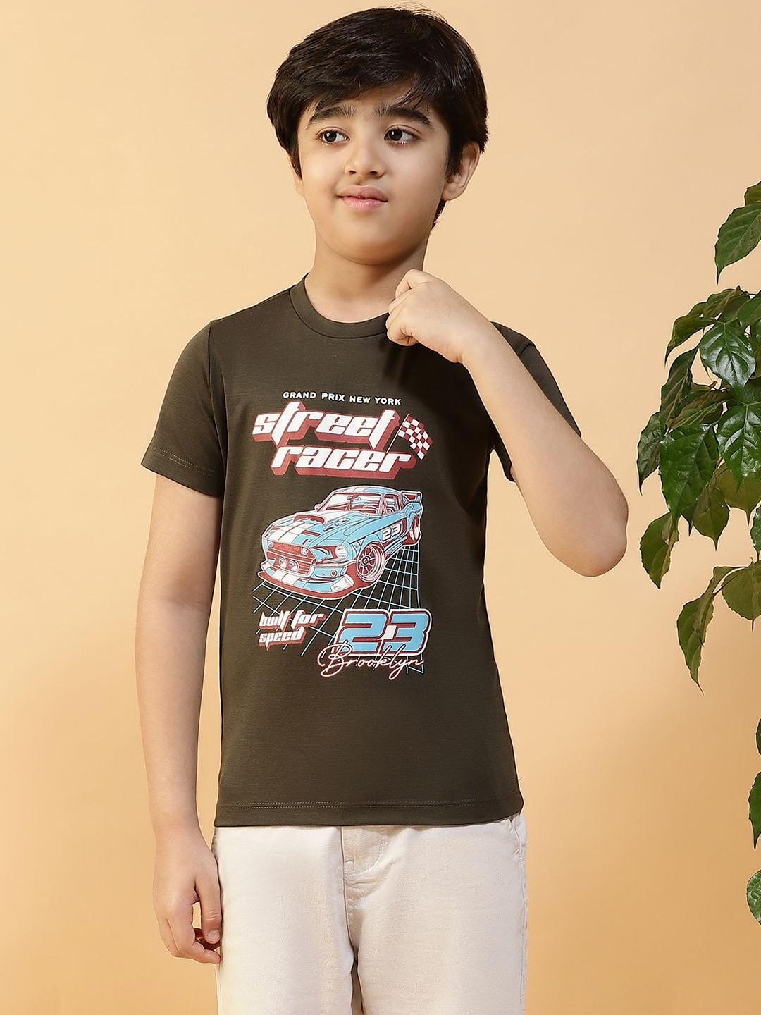 KIZA Boys Green Racing Graphic Printed Pure Cotton Round Neck T-shirt
