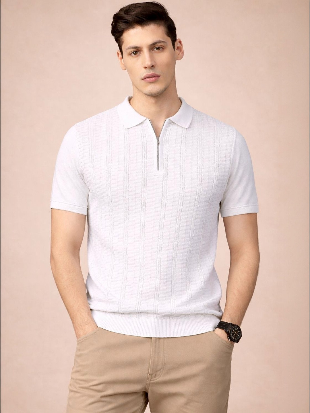 The Roadster Lifestyle Co. Self Design Cotton Polo Collar T-shirt