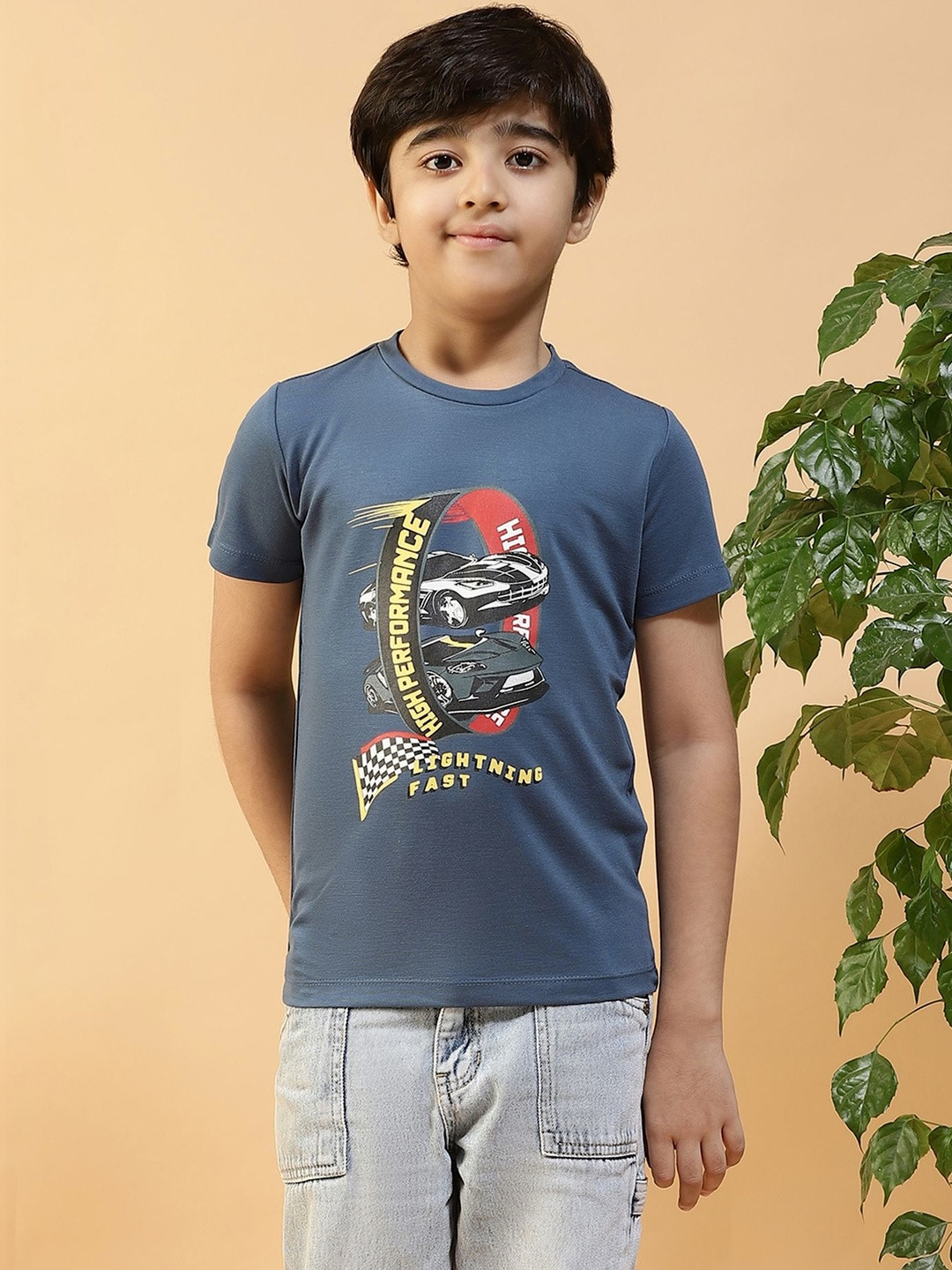 KIZA Boys Denim Blue Graphic Printed Pure Cotton Round Neck T-shirt