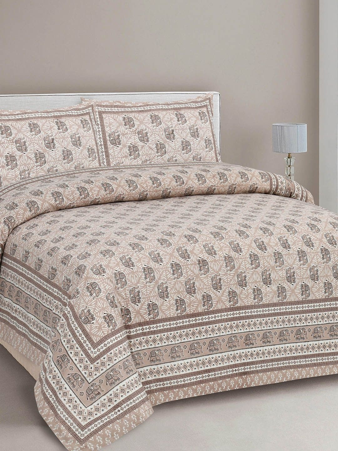 CLOTHOLOGY Rustic Earth Elephant Motif The Gajraj Heritage 180 TC Cotton King Bedsheet with 2 Pillow Cover