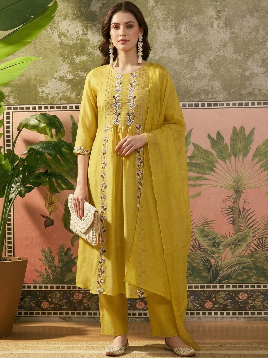 Sangria Embroidered Round Neck Kurta & Trousers With Dupatta
