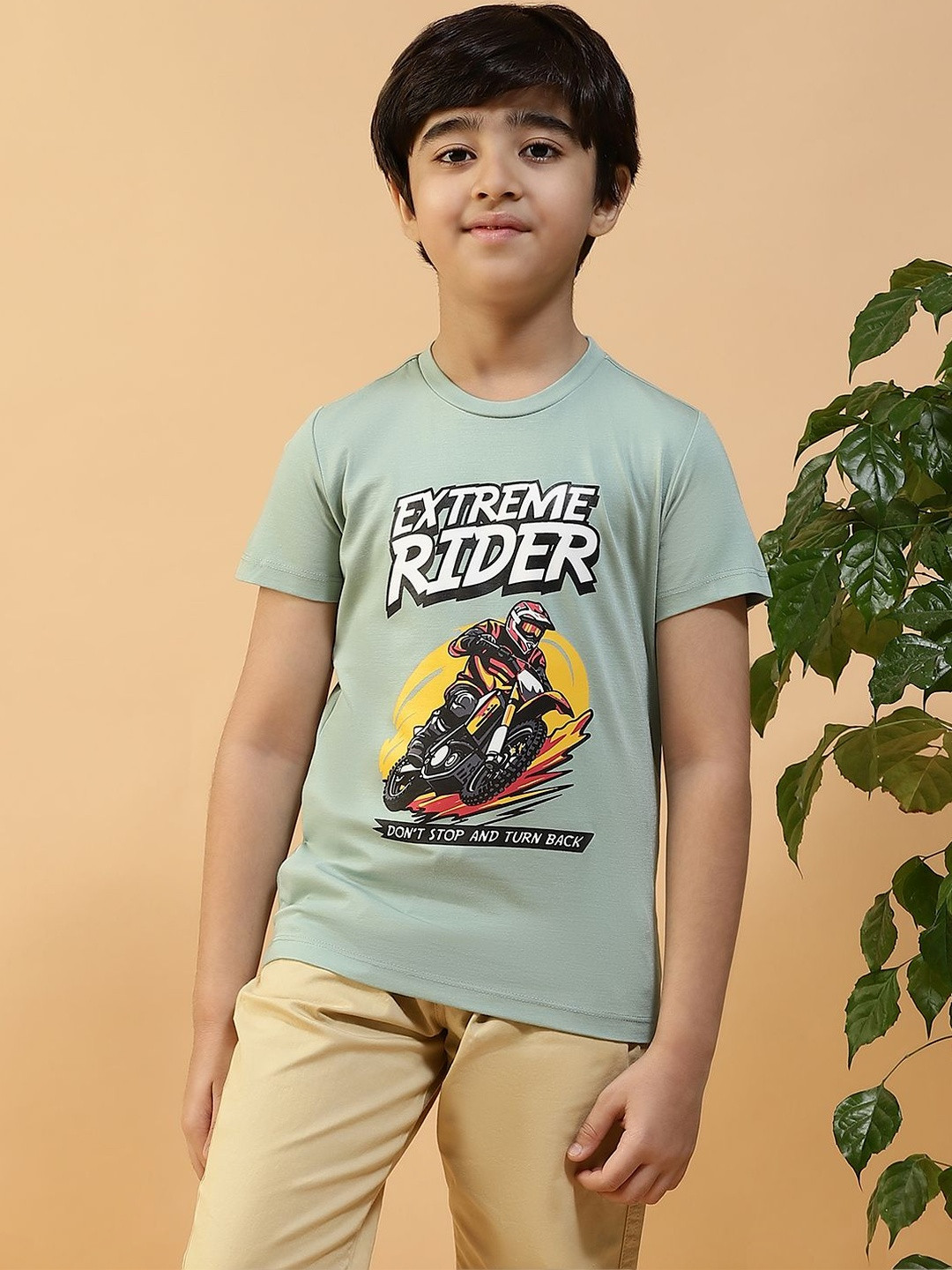 KIZA Boys Mint Green Biker Graphic Printed Pure Cotton Round Neck T-shirt