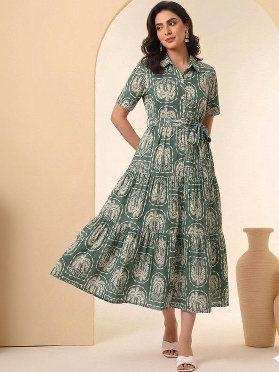 MANJALI DESIGN Bohemian Print Shirt Midi Dress