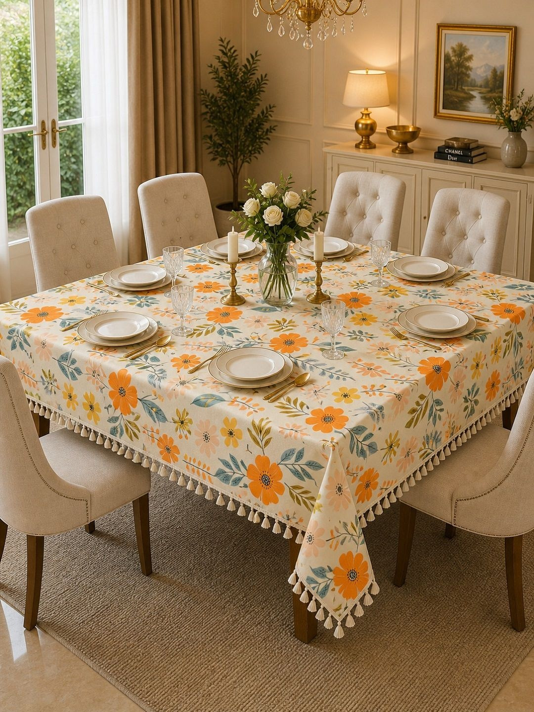 RRC Cream Floral 6-Seater Table Cover
