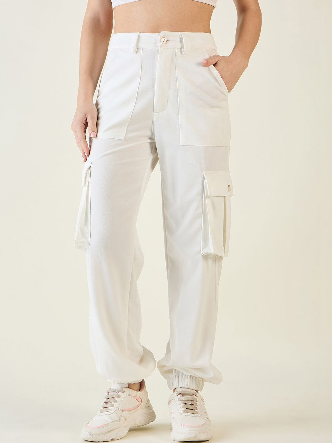 aayu Women Relaxed Loose Fit High-Rise Wrinkle Free Cargos Trousers