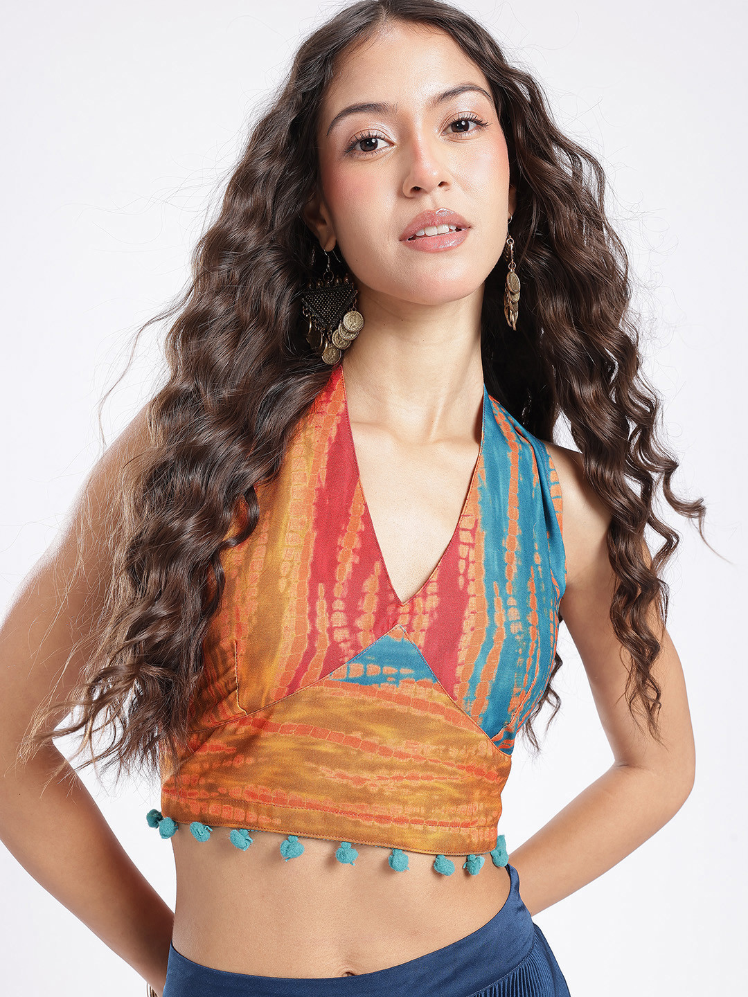 Glitchez Abstract Printed Pompom Detail Halter Neck Crop Top