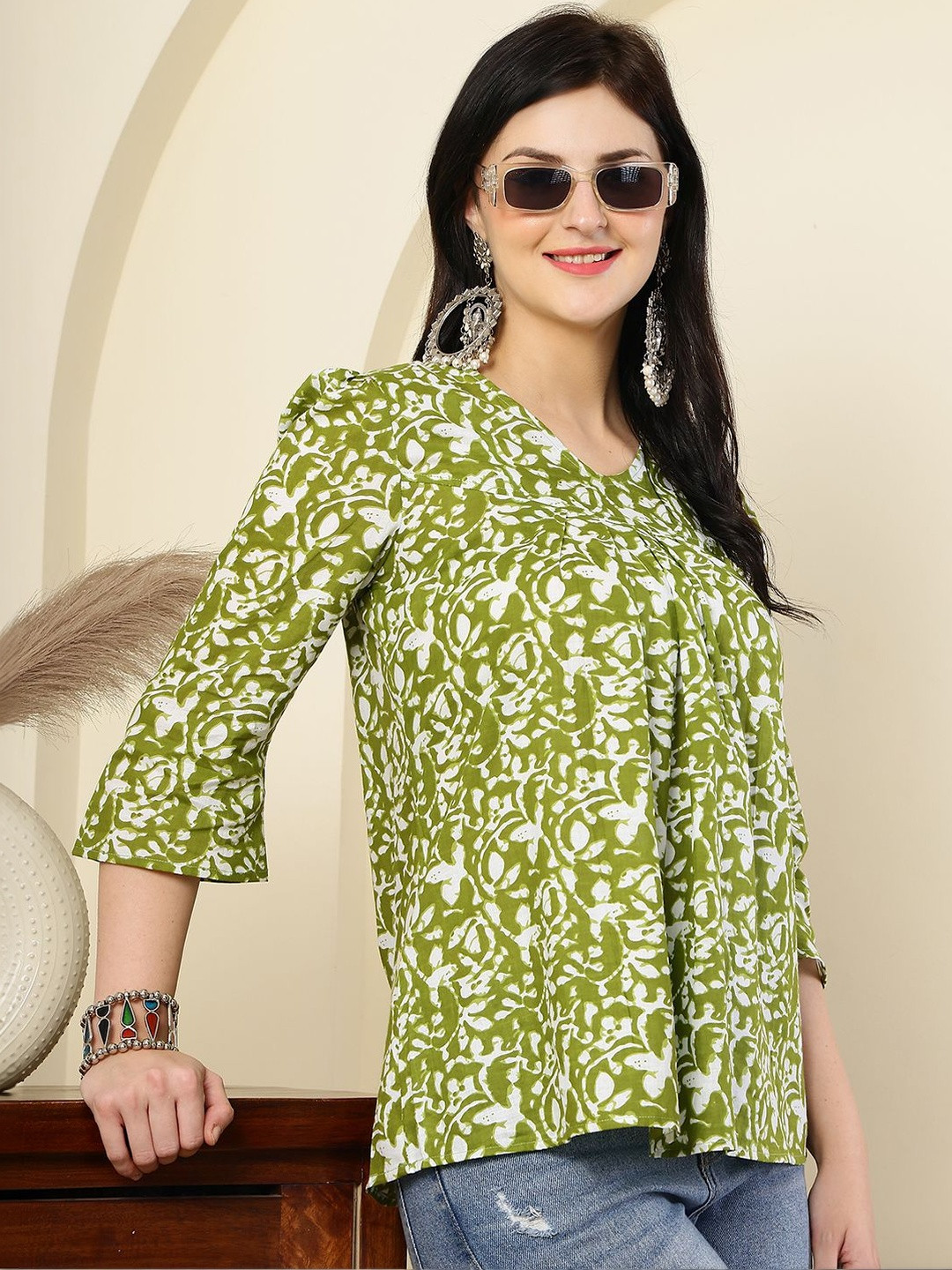 BAESD Green Floral Printed V-Neck Pure Cotton Top