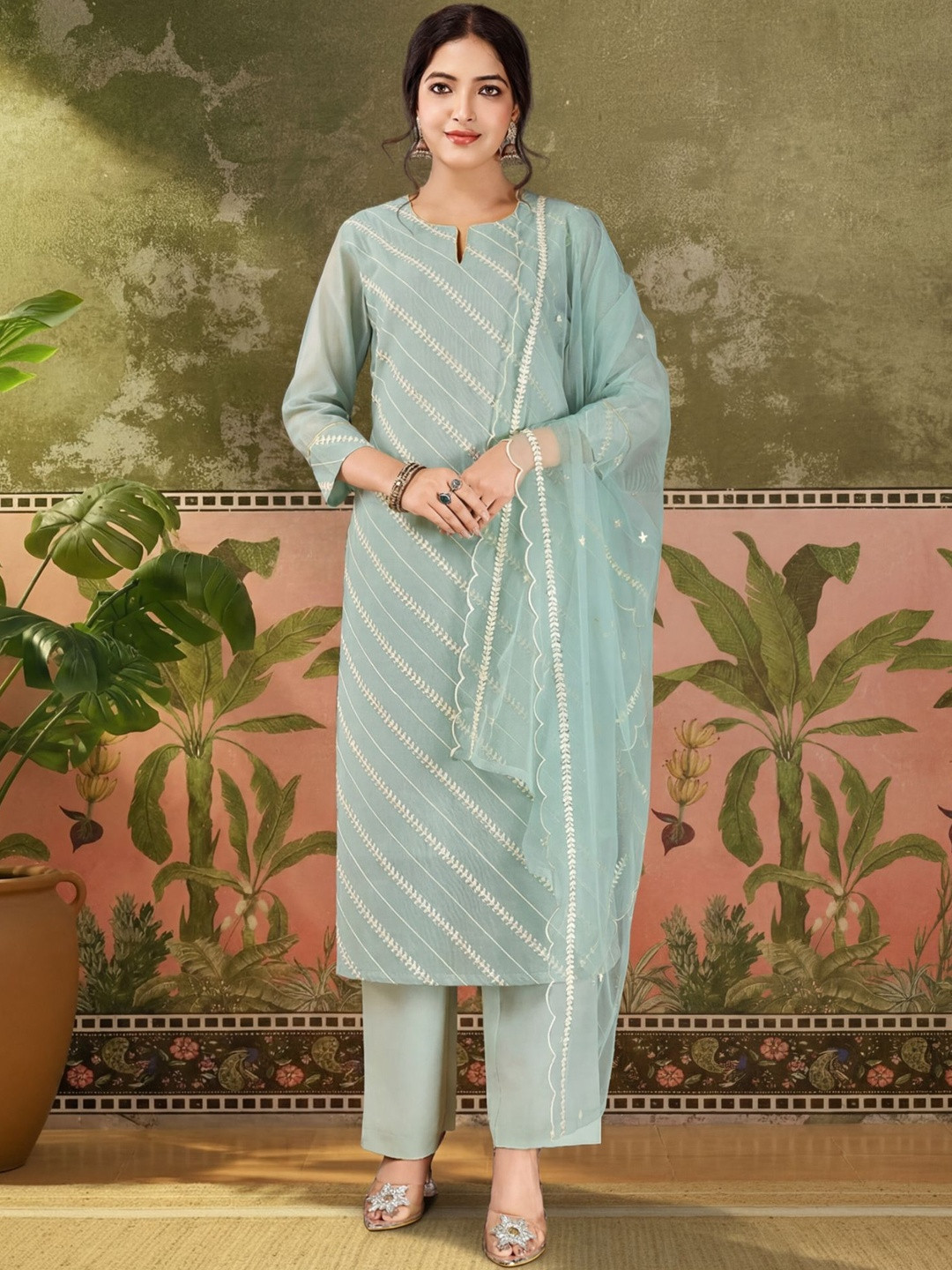 Sangria Striped Round Neck Kurta & Trousers With Dupatta