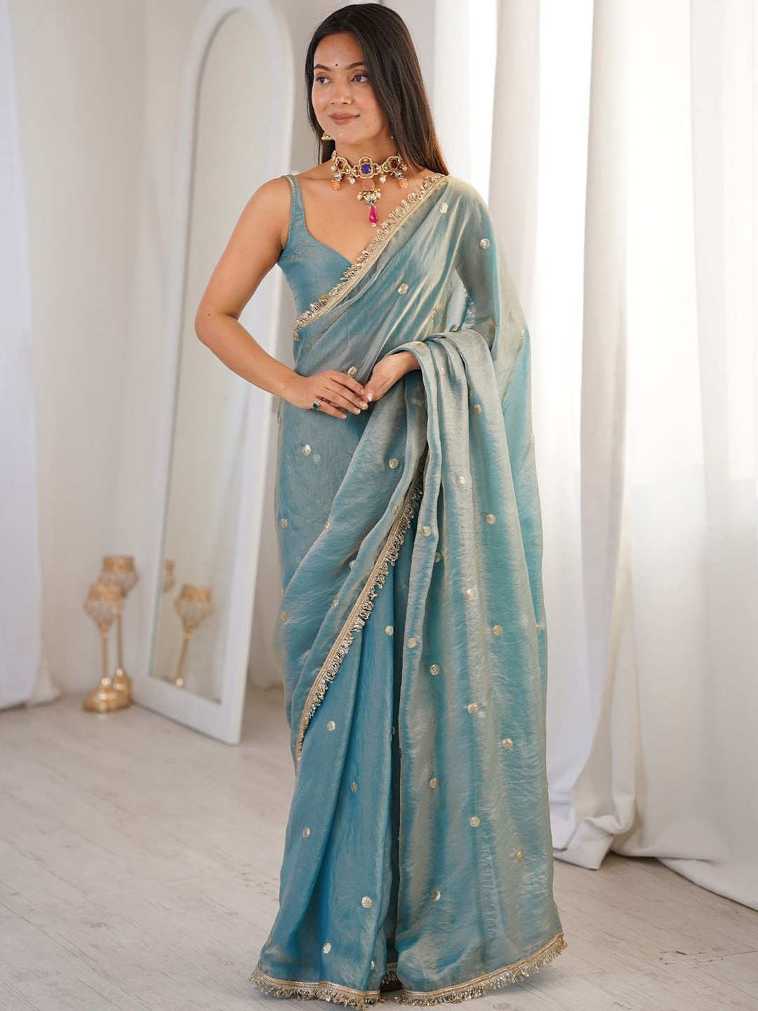 Saree mall Blue Embellished Zari Satin Heavy Work Sarees Unstiched Blouse
