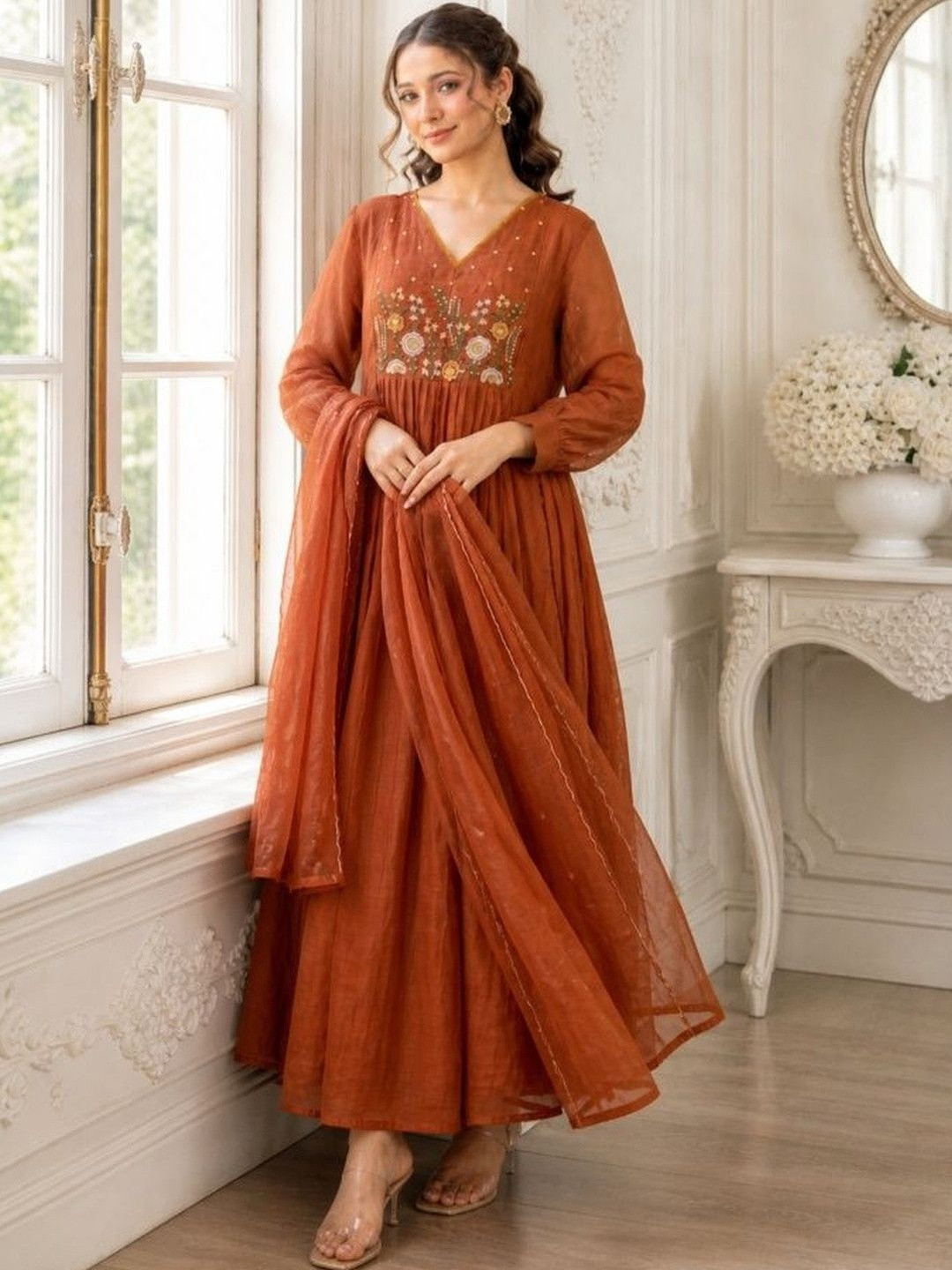 KALINI Women Ethnic Motifs Embroidered Empire Thread Work Kurta with Trousers & With Dupatta