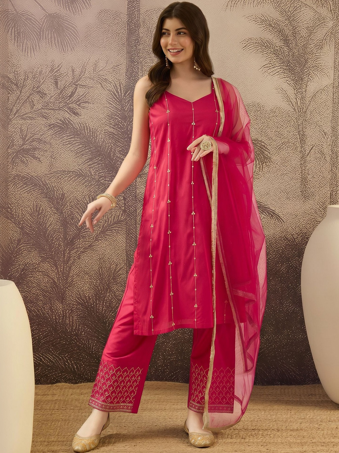 Sangria Embroidered V-Neck Kurta & Trousers With Dupatta Set