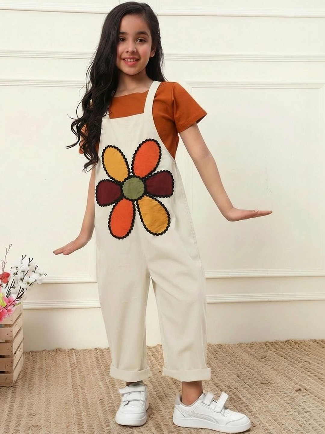 Bugandbees Girls Embroidered Cotton Dungaree