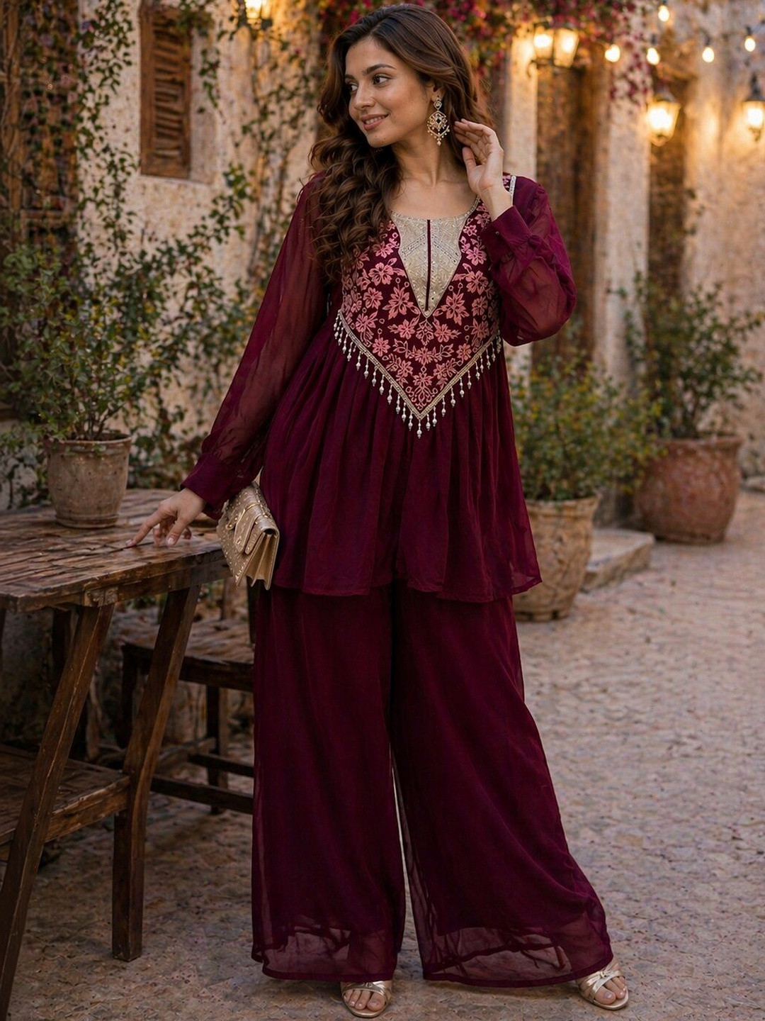 PRIMESKY Women Ethnic Motifs Embroidered Empire Thread Work Silk Georgette Kurta with Palazzos