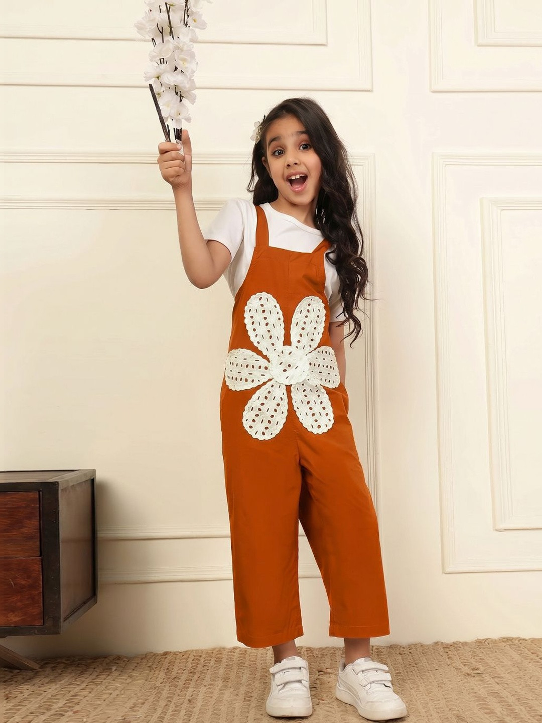 Bugandbees Girls Embroidered Cotton Dungaree