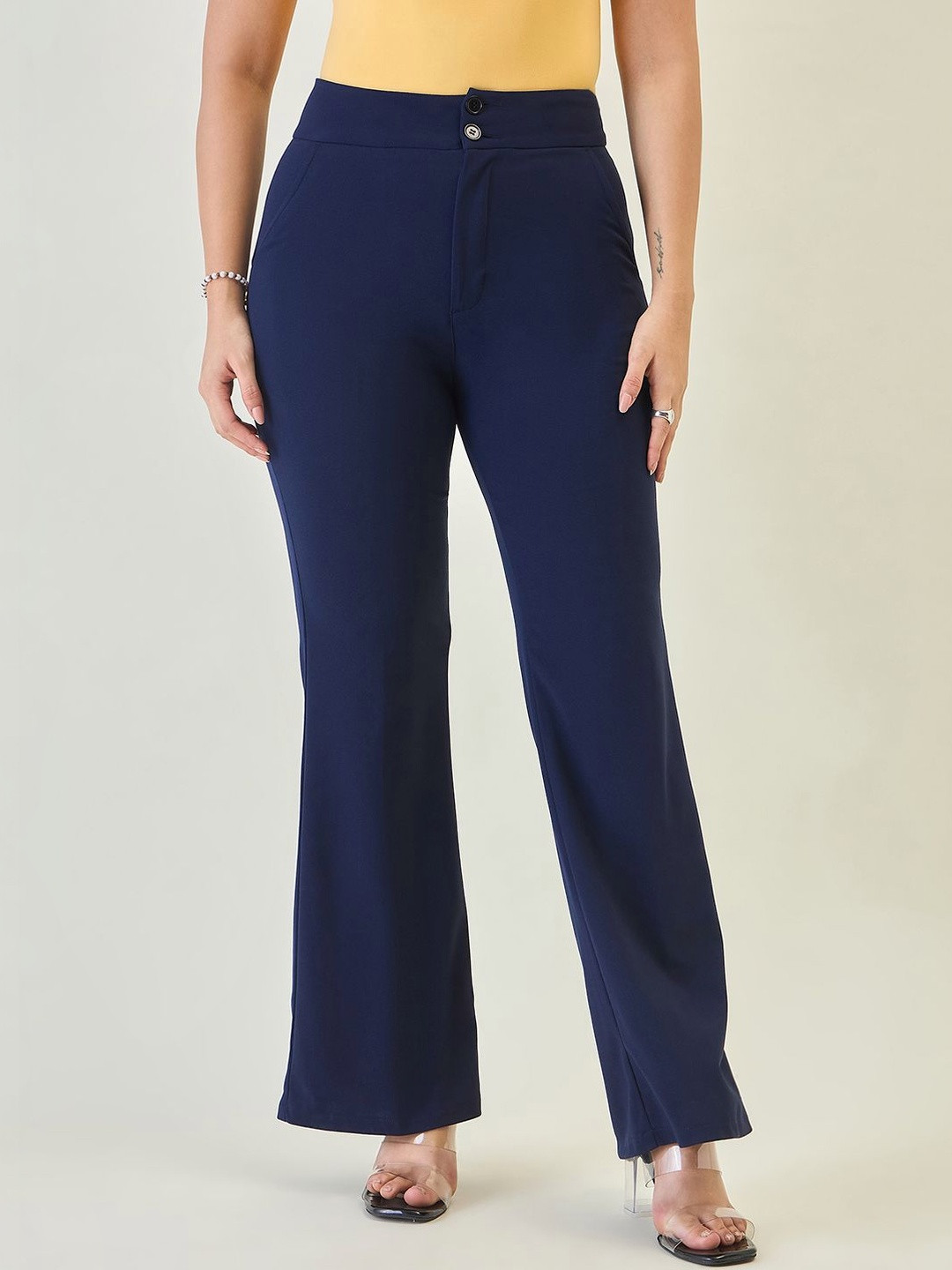 aayu Women Relaxed Flared High-Rise Wrinkle Free Trousers