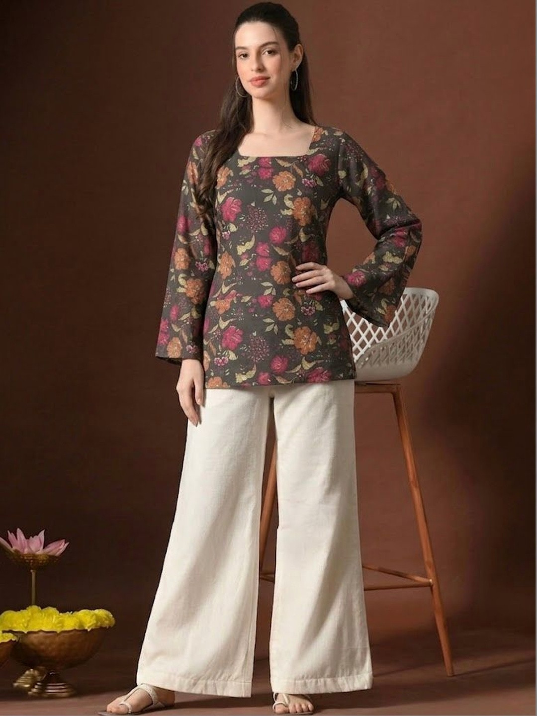 ADYASAA THE LABEL Floral Printed Square Neck Flared Sleeves Pure Cotton Kurti