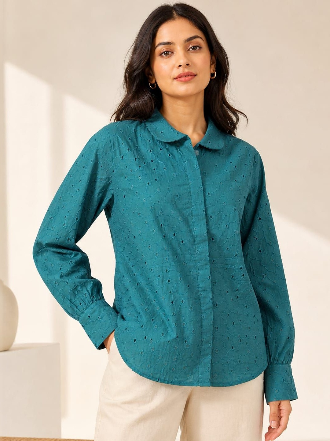Ilaaha Women Teal Embroidered Cotton Shirt