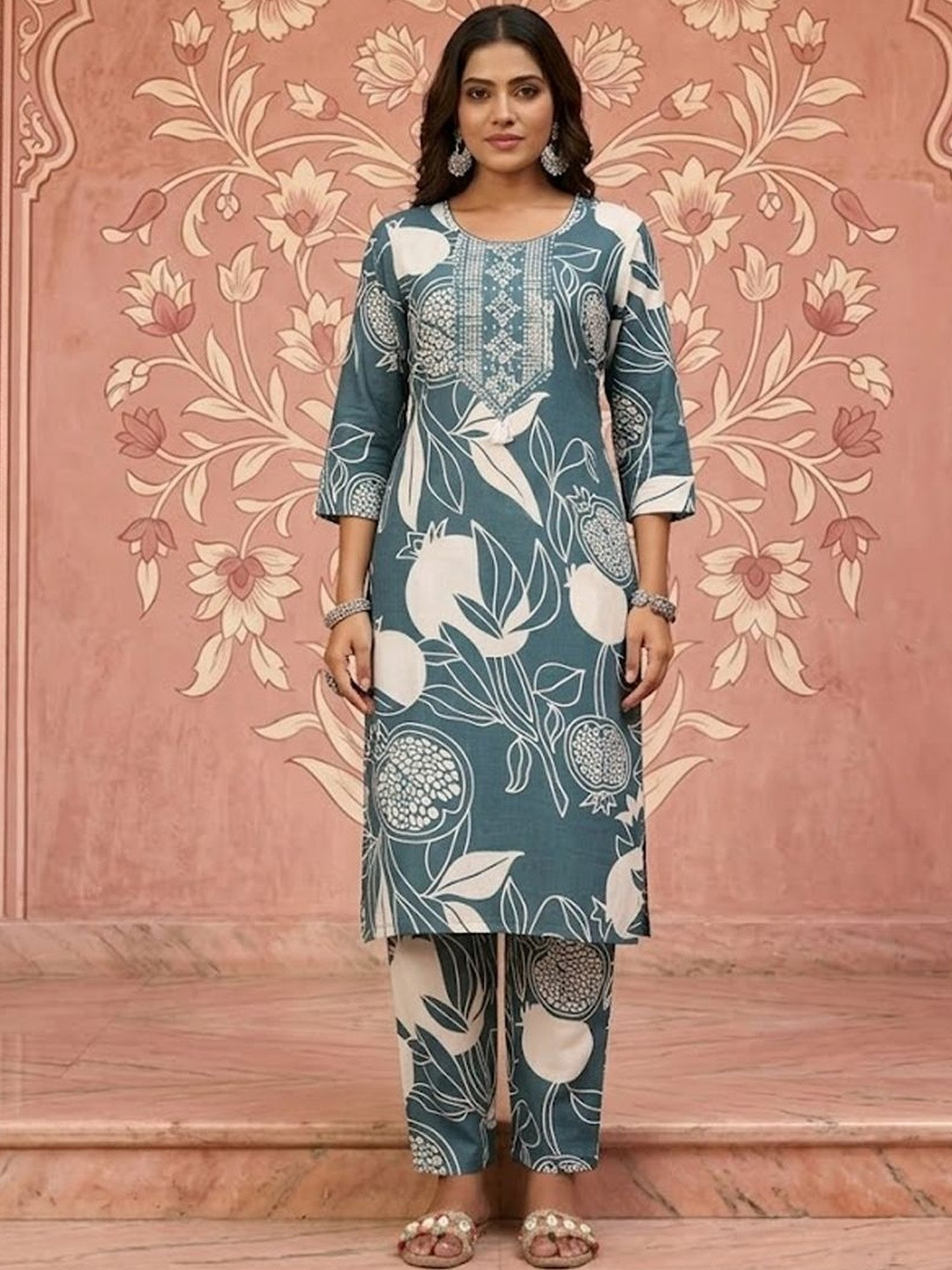all about you Women Ethnic Motifs Printed Regular Thread Work Kurta with Trousers