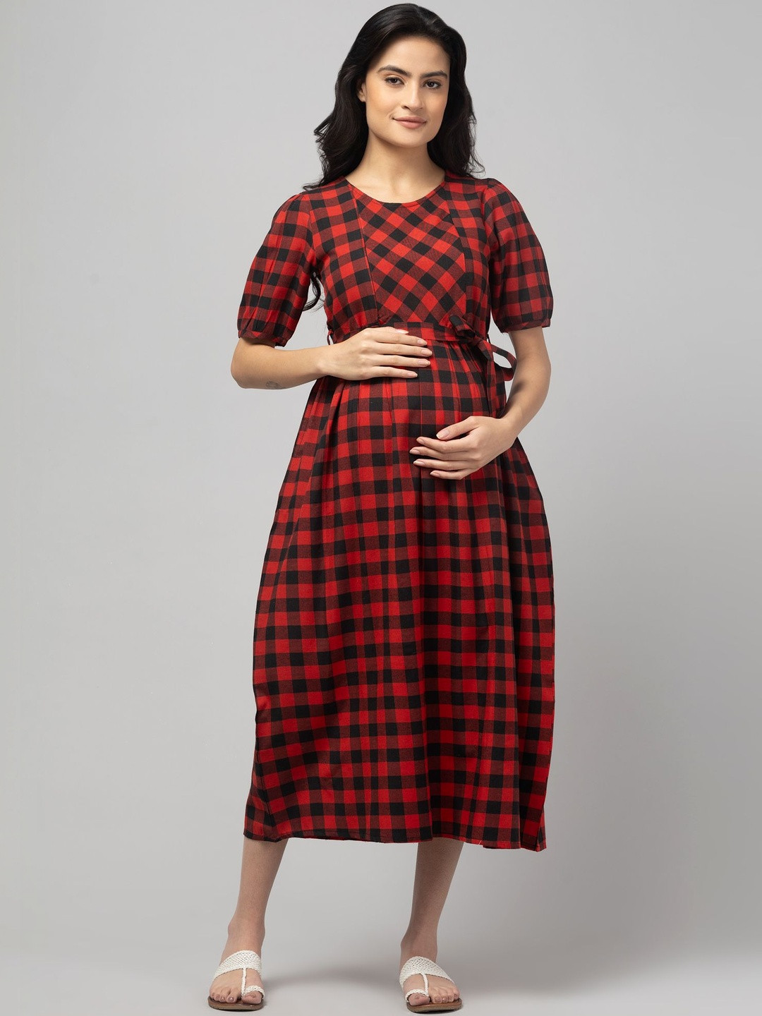 POIESIS Checked Puff Sleeve Maternity A-Line Midi Dress