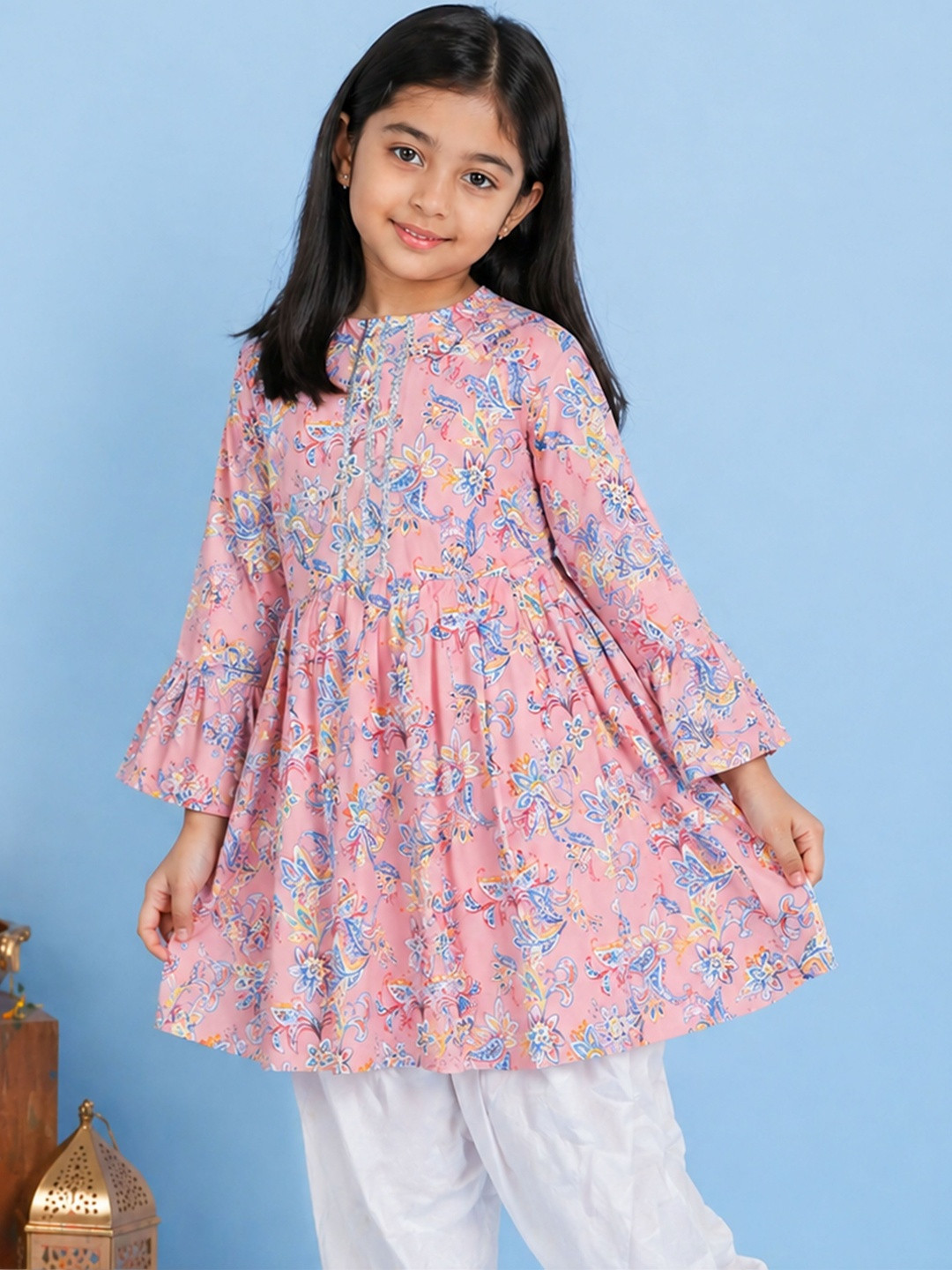 KiddoPanti Girls Floral Printed Bell Sleeves Floral Anarkali Kurta