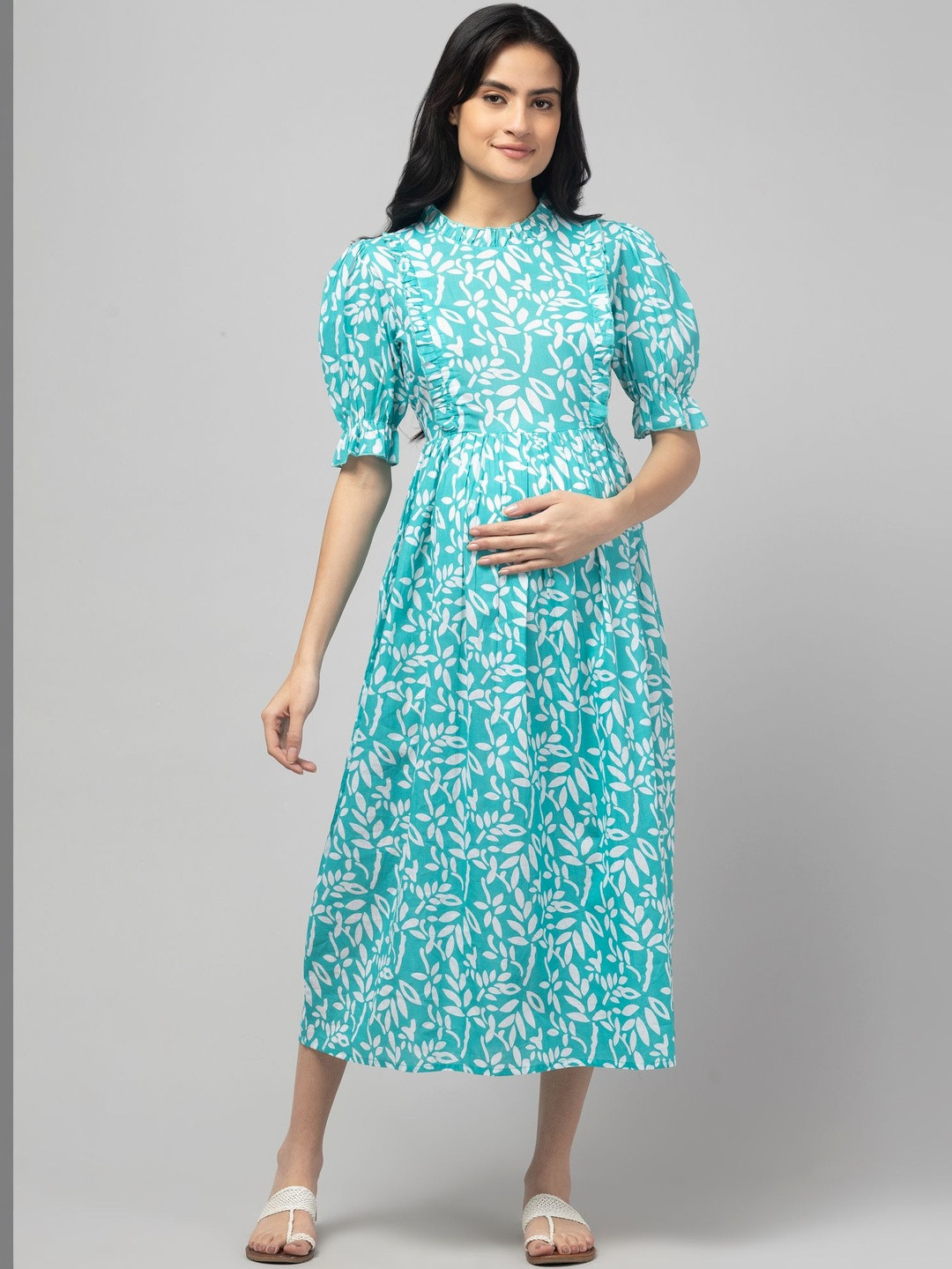 POIESIS Floral Print Puff Sleeve A-Line Midi Dress