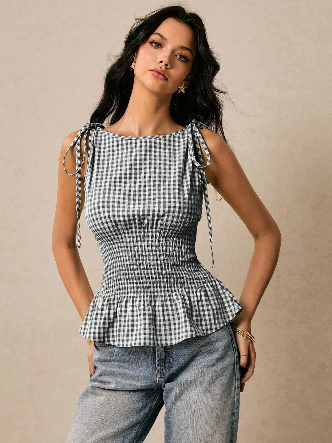 Quintessentials Women Black Checkered Shoulder Tie-Up Sleeveless Peplum Top