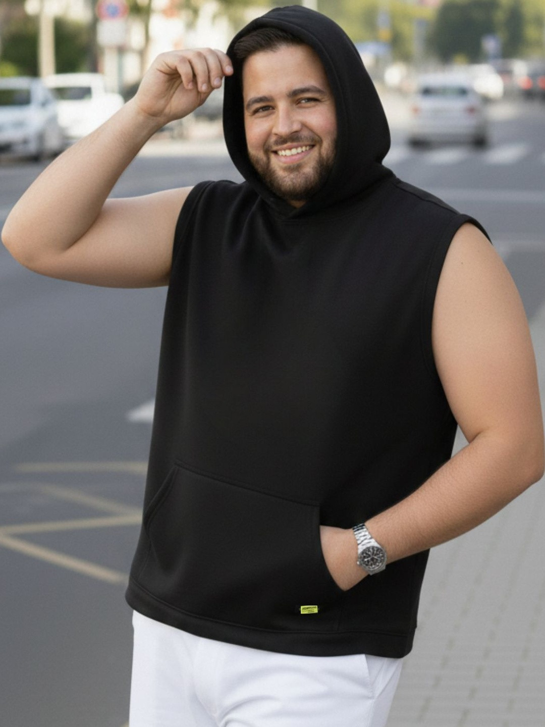 Sztori Men Plus Size Solid Sleevesless Hooded Gym Vest T-shirt