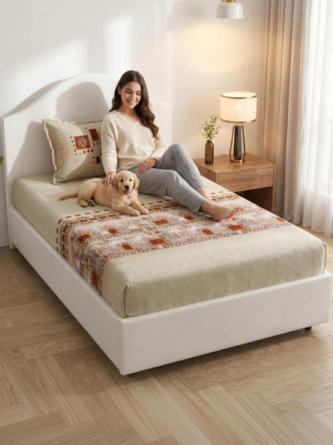 MAFATLAL Beige Geometric 186 TC Single Bedsheet with 1 Pillow Covers